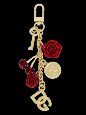 Dolce & Gabbana Golden Red Rose & Cherry Charm Keyring Key Chain New